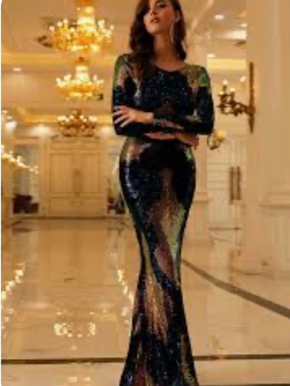 Long-Sleeve Black Multicolor Sequin Gown - Designer Style